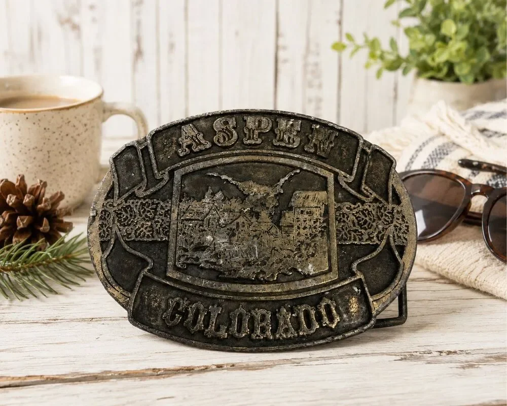 Belt Buckle Aspen Colorado Dark Brass or Bronze Colorado  3 1/4 “x 2 1/2